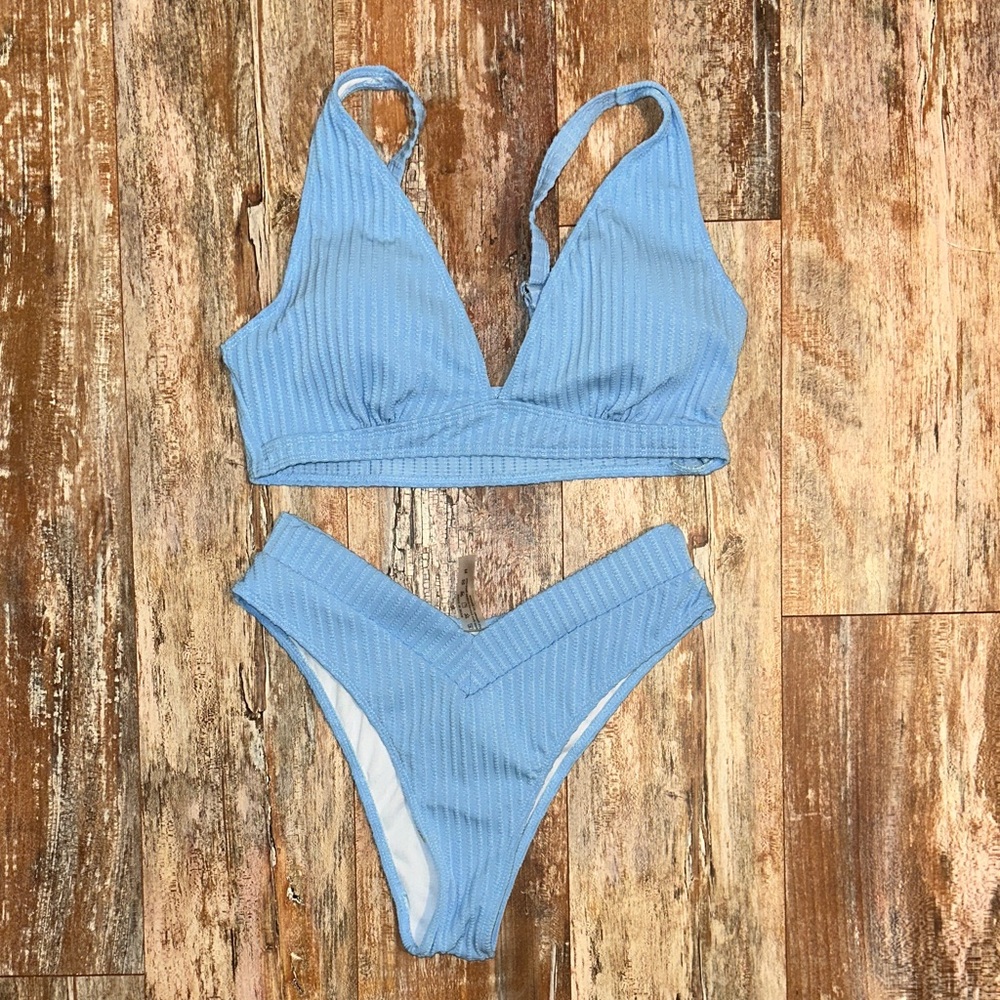 SHEIN Light Blue Ribbed Bikini Set